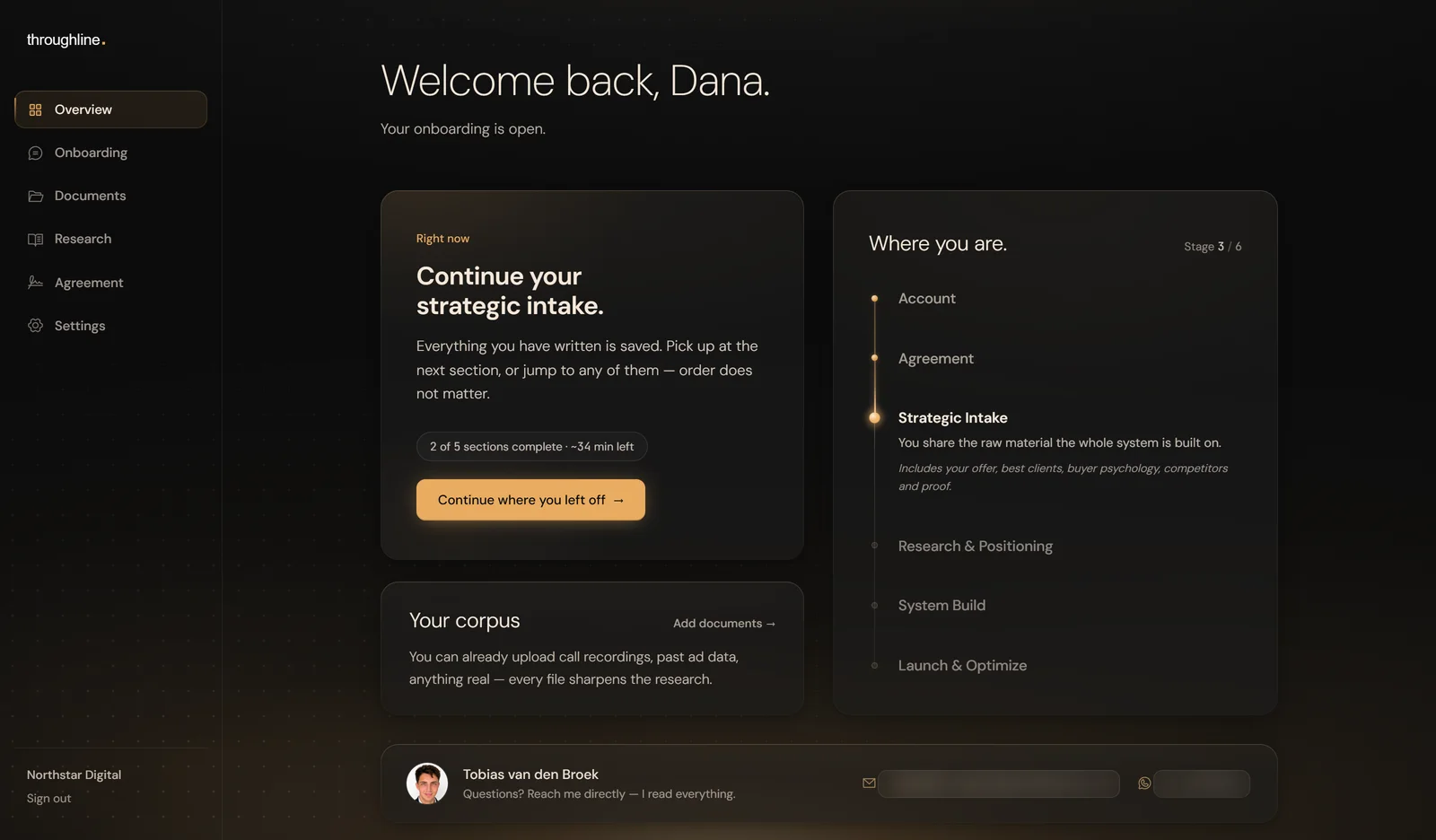 The Throughline platform's onboarding screen — part of the client-facing software the system runs on.
